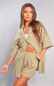 PrettyLittleThing Рубашка оверсайз с короткими рукавами и ткаными карманами цвета хаки
