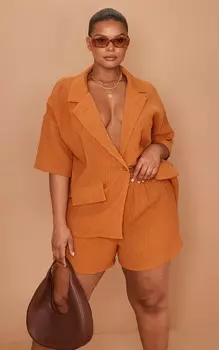 PrettyLittleThing Рубашка с короткими рукавами и завязкой на талии Plus с фактурной льняной отделкой цвета ржавчины