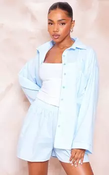 PrettyLittleThing Рубашка свободного кроя из хлопкового поплина бледно-синего цвета с карманами спереди