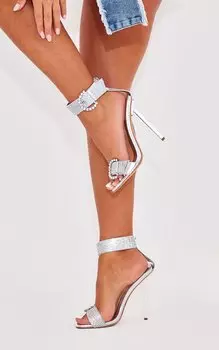 PrettyLittleThing Сандалии на высоком металлическом каблуке с двойной пряжкой Silver Diamante