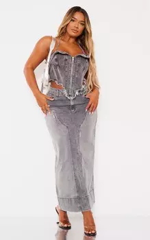 PrettyLittleThing Серая джинсовая потертая длинная юбка Shape