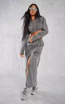 PrettyLittleThing Серая джинсовая юбка миди с карманами-карго и молнией спереди