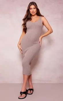PrettyLittleThing Серо-коричневое трикотажное платье миди для беременных с V-образным вырезом
