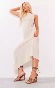 PrettyLittleThing Серо-коричневые босоножки на танкетке с квадратным носком из искусственной кожи и завязками на шнуровке и вырезами