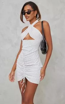 PrettyLittleThing Серое облегающее платье со складками и текстурированным вырезом в полоску