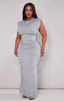 PrettyLittleThing Серое платье мидакси с меланжевыми подплечниками и рюшами по бокам