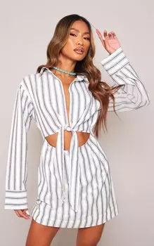 PrettyLittleThing Серое платье-рубашка с длинным рукавом в полоску и узлом спереди
