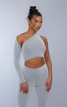 PrettyLittleThing Серый двухцветный топ на одно плечо с жатой ребристостью