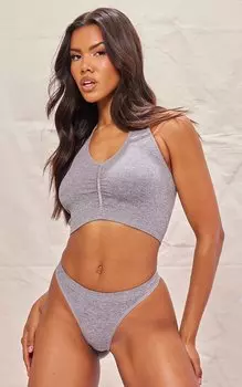 PrettyLittleThing Серый меланжевый бесшовный бюстгальтер с воротником-халтер и сборками в рубчик
