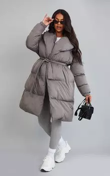 PrettyLittleThing Серый удлиненный пуховик с воротником и поясом для беременных