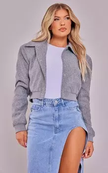 PrettyLittleThing Серый укороченный бомбер из шерстяной ткани с подплечниками