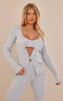 PrettyLittleThing Серый вязаный кардиган в рубчик с длинным рукавом