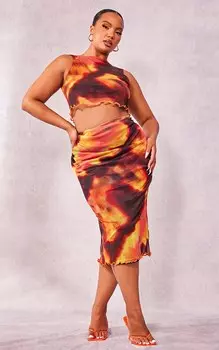 PrettyLittleThing Сетчатая юбка миди с оранжевым краем и краем салата Tie Dye Plus