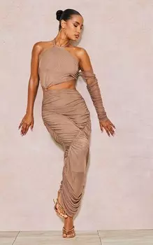 PrettyLittleThing Сетчатое платье мидакси с вырезами и узлом в виде грибов с экстремальными рюшами