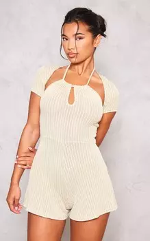 PrettyLittleThing Шалфейно-зеленый комбинезон в рубчик с короткими рукавами и лямкой на бретельках