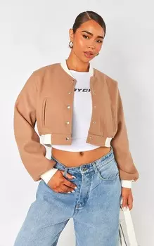 PrettyLittleThing Шерстяной бомбер светло-коричневого цвета с контрастной отделкой