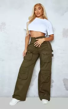 PrettyLittleThing Широкие брюки цвета хаки с карманами-карго на молнии и широкими штанинами