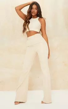 PrettyLittleThing Широкие брюки из песочной ткани с двойной пуговицей