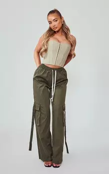 PrettyLittleThing Широкие брюки карго цвета хаки с эластичной талией