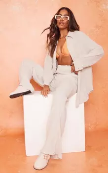 PrettyLittleThing Широкие брюки с эластичной резинкой на талии Stone Crinkle