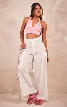 PrettyLittleThing Широкие брюки с напуском со средней посадкой и эффектом натурального льна