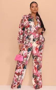 PrettyLittleThing Широкие брюки с принтом Plus Rose Femme Renaissance
