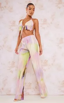 PrettyLittleThing Широкие брюки с высокой талией и разноцветным акварельным принтом