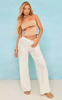 PrettyLittleThing Широкие свободные брюки из фактурного джерси кремового цвета