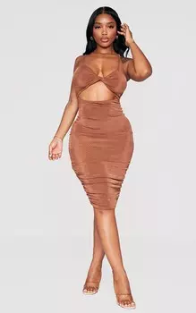 PrettyLittleThing Шоколадно-коричневое облегающее платье мидакси со складками из ацетата
