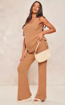 PrettyLittleThing Шоколадно-коричневые вязаные брюки с высокой талией для беременных и попкорном