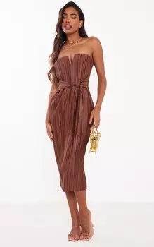 PrettyLittleThing Шоколадное платье миди с V-образным вырезом и завязкой на талии
