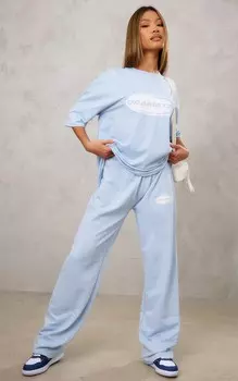 PrettyLittleThing Сине-серые широкие джоггеры с низкой посадкой и принтом со слоганом