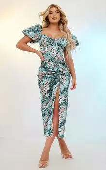 PrettyLittleThing Синее атласное платье мидакси со складками и корсетом с пышными рукавами и цветочным принтом
