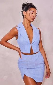 PrettyLittleThing Синее льняное облегающее платье с жилетом и вырезами