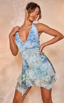 PrettyLittleThing Синее многоуровневое платье прямого кроя из сетки с абстрактным принтом в виде листьев и воротником-халтер