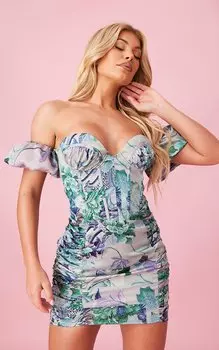 PrettyLittleThing Синее облегающее платье из атласного корсета со сборками и цветочным принтом