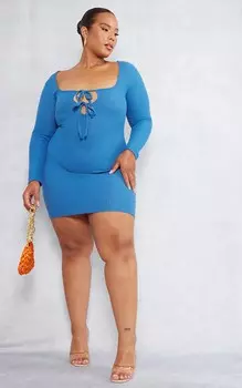PrettyLittleThing Синее облегающее платье с длинными рукавами и завязками спереди Plus