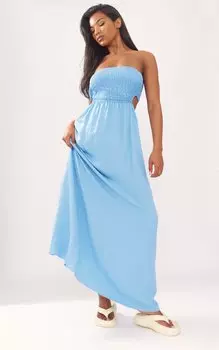 PrettyLittleThing Синее платье макси с гофрированной юбкой и вырезом сзади