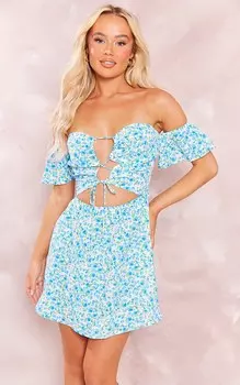 PrettyLittleThing Синее платье свободного кроя с вырезом и завязками с цветочным принтом
