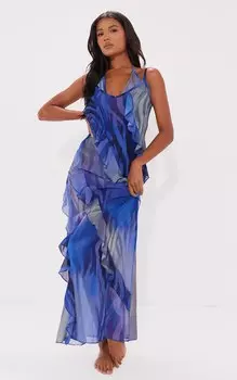 PrettyLittleThing Синее пляжное платье макси из сетки с рюшами и животным принтом