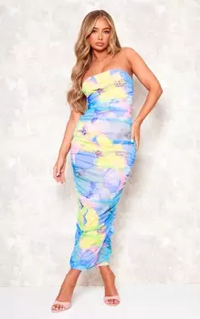 PrettyLittleThing Синее сетчатое платье-бандо со сборками и цветочным принтом