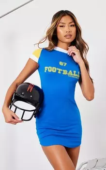 PrettyLittleThing Синее спортивное облегающее платье с надписью и контрастными рукавами