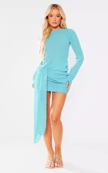 PrettyLittleThing Синее текстурированное облегающее платье с длинными рукавами и драпировкой