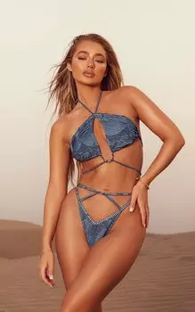 PrettyLittleThing Синие плавки бикини с контрастной текстурой и уплотнительными кольцами в рубчик