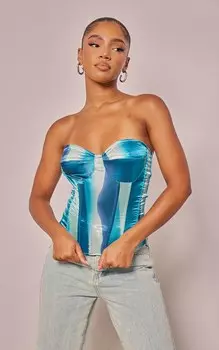 PrettyLittleThing Синий атласный корсет с принтом