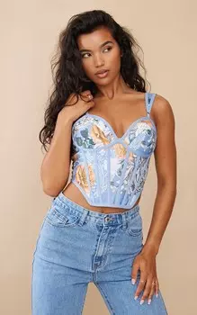 PrettyLittleThing Синий бандажный корсет с цветочным принтом и глубоким подолом для груди и чашки