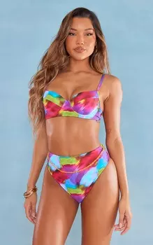 PrettyLittleThing Синий бикини-топ с чашечками и эффектом пуш-ап с размытым абстрактным принтом