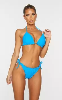 PrettyLittleThing Синий бикини-топ с глубокими оборками и мягкими краями