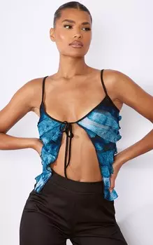 PrettyLittleThing Синий блестящий текстурированный топ с рюшами и завязкой спереди