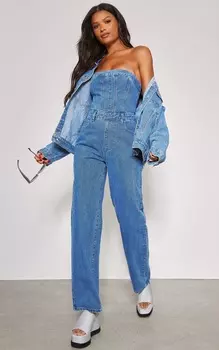 PrettyLittleThing Синий джинсовый комбинезон-бандо синего цвета